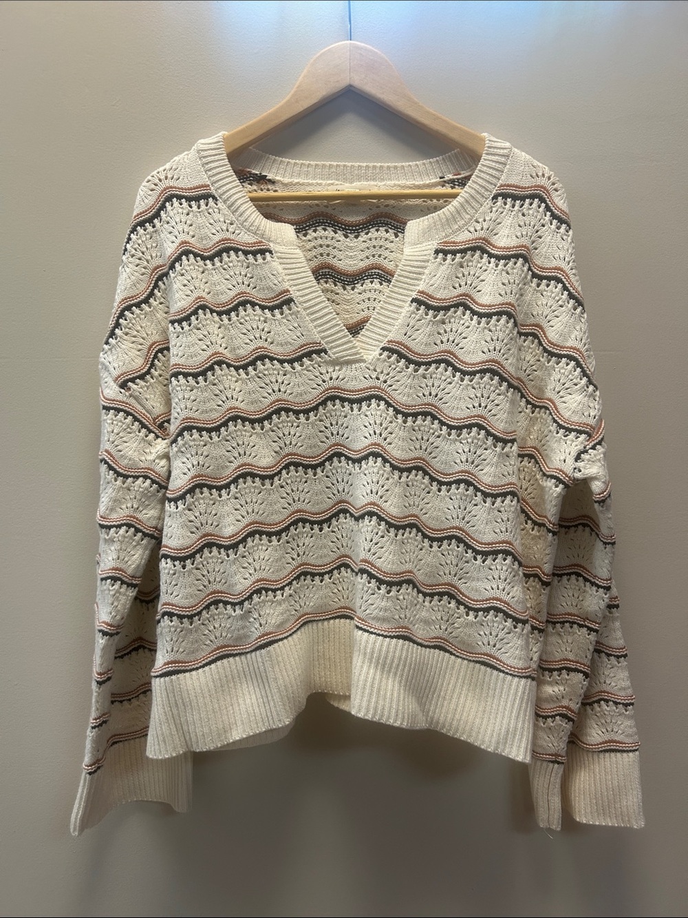 V-Neck Striped Knit Sweater in Cream, Orange, and Black